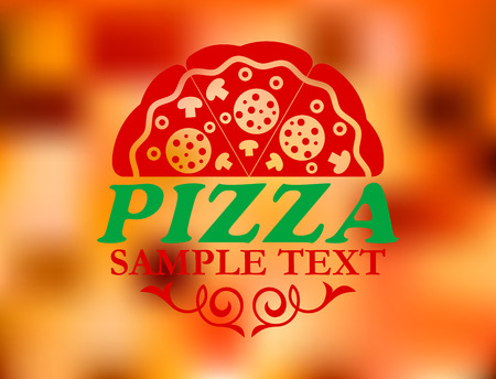 Pizza label on red colorful background for pizzeria or cafe designのイラスト素材