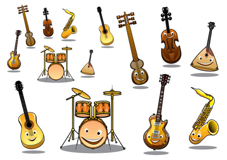 Large collection of musical instruments with happy cartoon faces including a zither, guitar, saxophone, electric guitar, violin and a set of drumsのイラスト素材