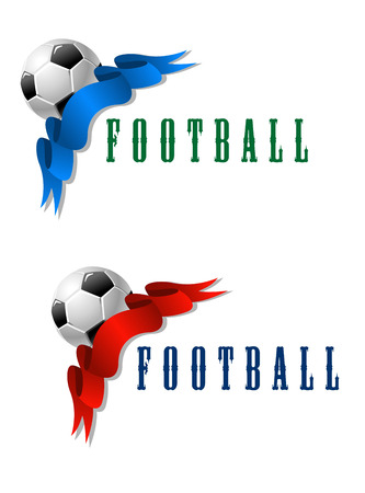 Black and white football or soccer ball with blue ribbon and second variant with red ribbon and text "Football" isolated on white backgroundのイラスト素材