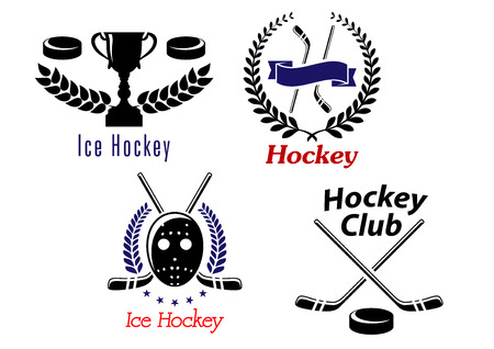 Ice hockey symbols and emblems with ribbons, wreath and sporting elementsのイラスト素材