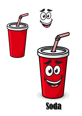 Soda drink in a red takeaway cup with straw with a happy smiling face and the text - Soda - plus a second variation with no face, isolated on whiteのイラスト素材