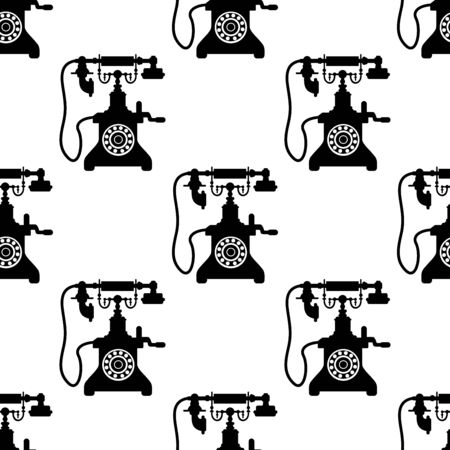 Vintage telephone seamless pattern with black and white vector silhouettes in a repeat motif in square formatのイラスト素材