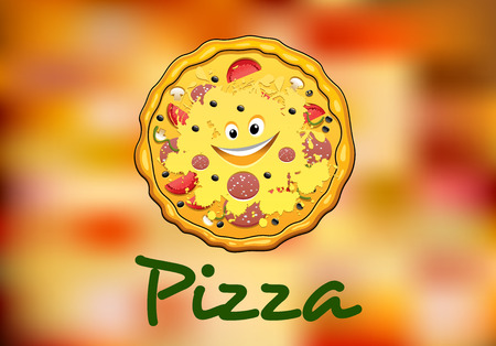 Full round cartoon pizza on abstract colorful food background for pizzeria designのイラスト素材