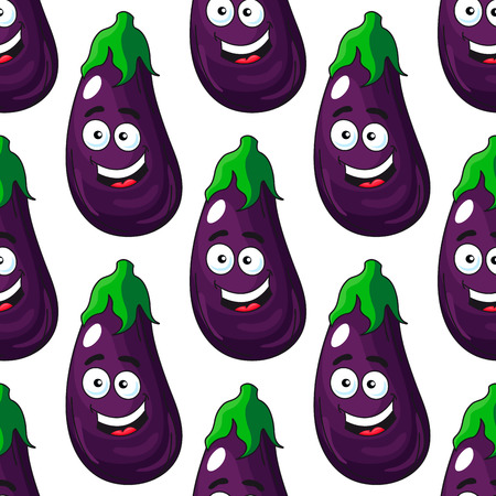 Smiling happy fresh purple eggplant or aubergine with a colorful green stalk seamless background pattern in cartoon styleのイラスト素材
