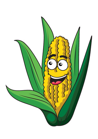 Fresh happy healthy corn on the cob with green leaves and a happy smiling face, isolated on whiteのイラスト素材