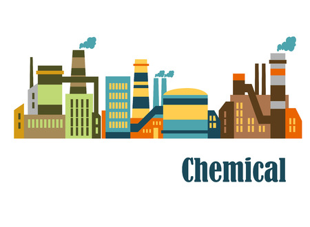 Assorted factories and plants in industrial estate with a word "Chemical" at the bottom suitable for industrial and technology design isolated over white background in horizontal formatのイラスト素材