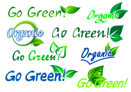 Set of colorful green and blue go green organic  labels with text and fresh green leaves isolated on white for any ecology designのイラスト素材