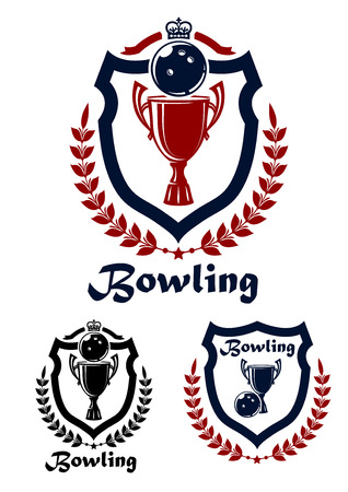 Bowling sport emblems and icons with trophy, laurel wreath and crown for sporting designのイラスト素材