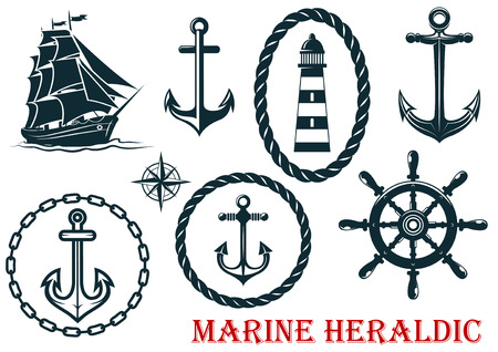 Marine and nautical heraldic elements - ropes, lighthouse, anchors, sheep and steering wheel - isolated on whiteのイラスト素材