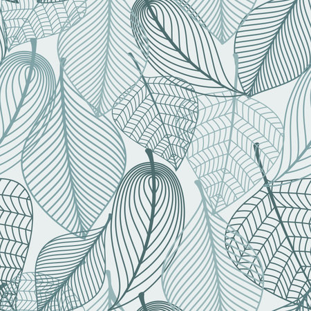 Delicate skeleton leaves background seamless pattern showing the vein detail in outline design in square format suitable for wallpaper, tiles and textile designのイラスト素材