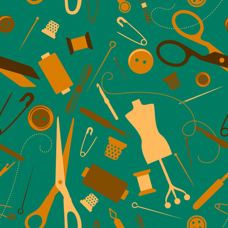 Sewing and needlework seamless pattern with scattered needles, cotton, thimbles, pins, scissors and a dress makers dummy in square formatのイラスト素材