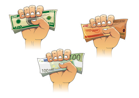 Three hands grasping money with dollar, euro and pound banknotes, cartoon illustration, for business concept designのイラスト素材