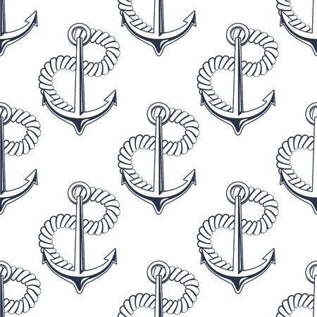 Black and white seamless background pattern with marine anchor with curling rope in a nautical theme suitable for wallpaper, textile or wrapping paperのイラスト素材