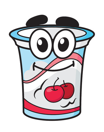 Cherry yoghurt, milk or cream happy cute cartoon style plastic package character for fresh food designのイラスト素材