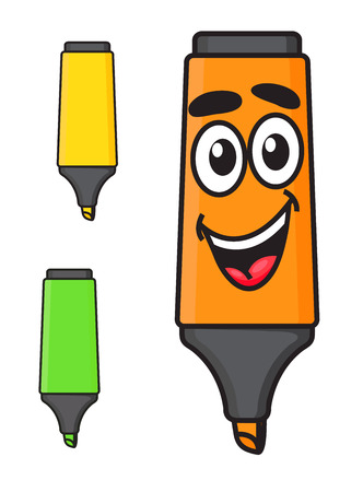 Cartoon  yellow, green and orange smiling marker character isolated on white background for stationery office and school designのイラスト素材