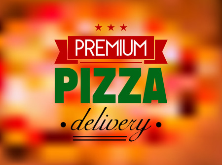Italian colored pizza label on red and pink tint blurred background with text %u2013 premium pizza deliveryのイラスト素材