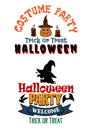 Halloween costume party banners with yellow pumpkins, witch, candles, black bats andtext Truck or treat, Halloween, Welcome. For Halloween designのイラスト素材