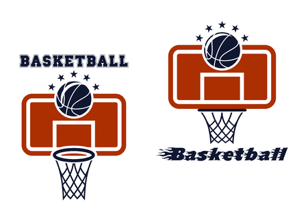 Basketball symbols and emblems with backboard and flying ballのイラスト素材