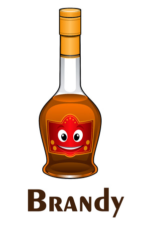 Cartoon smiling brandy bottle character with brown beverage isolated on white background. Suitable for bar, pub, cafe and restaurantのイラスト素材