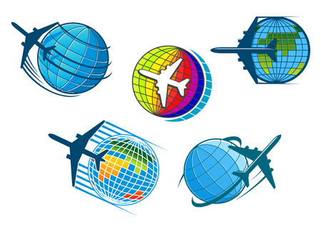 Airplane and air travel icons with five colorful vector designs of jetliners flying around globes conceptual of vacations, business flights and tourismのイラスト素材
