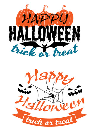 Happy Halloween holiday party banners with pumpkins, monster faces, flying bat, spider and trick or treat signsのイラスト素材