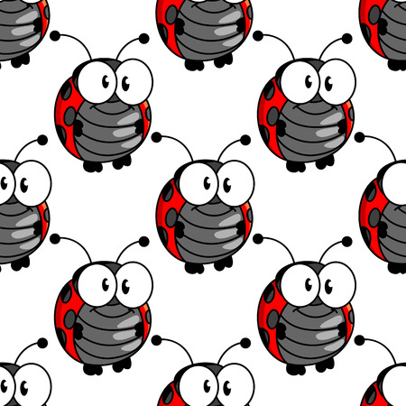 Ladybug seamless background pattern with a cute little red and black spotted ladybird standing upright with big googly eyes, cartoon illustration in square formatのイラスト素材