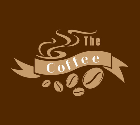 Coffee emblem or label in brown and white with a ribbon banner saying Coffee with twirling steam and coffee beans belowのイラスト素材
