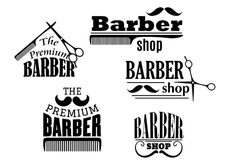 Black retro barber shop icons, emblems or logos with moustache, combs and scissors for service industry designのイラスト素材