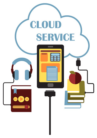 Cloud Service concept with a illustration showing an MP3 music player, tablet and online learning program connected to the cloud depicting connectivity and data sharingのイラスト素材