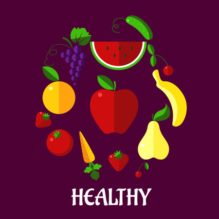 Healthy eating poster with colorful fresh food including banana, pear, orange, apple, watermelon, grapes, tomato, carrot and strawberry with the text Healthy belowのイラスト素材