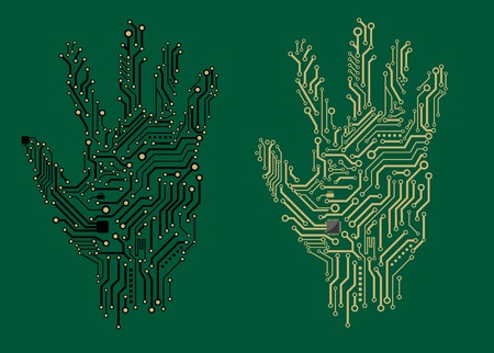 Hand prints formed with electrical circuit boards in two different colors on a green background, vector illustrationのイラスト素材