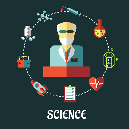 Different sciences flat  concept with the silhouette of a scientist surrounded by medical, biology, space, mechanic, geometry and scientific icons in a circle, vector illustrationのイラスト素材