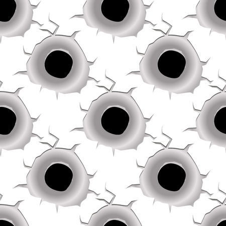 Seamless background pattern of bullet holes surrounded by cracks in a repeat greyscale motif in square format, vector illustration on whiteのイラスト素材