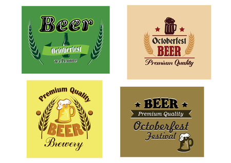 Beer advertising posters with various text and colors decorated with hops and bottles or tankards of beer, vector illustrationのイラスト素材