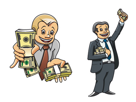 Successful businessman cartoon characters, one holding out wads of money to the viewer, the other cheering and celebrating his wealth holding stacks of banknotesのイラスト素材