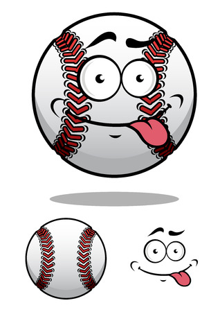 Cartoon baseball ball with a cheeky grin and protruding tongue with a second plain variant, vector illustration on whiteのイラスト素材