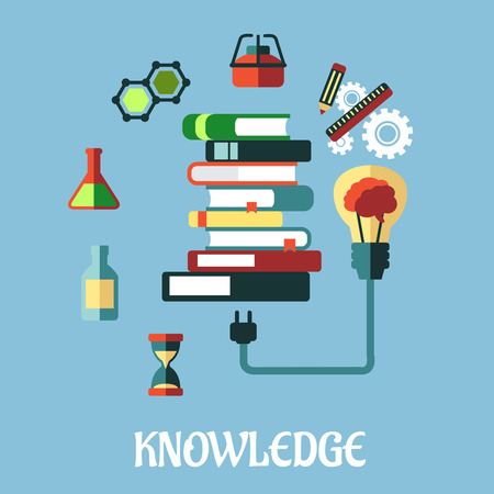 Illustration for Knowledge and web education flat design with a light bulb plugged into a tall stack of books surrounded by various scientific and media icons on a blue background - Royalty Free Image