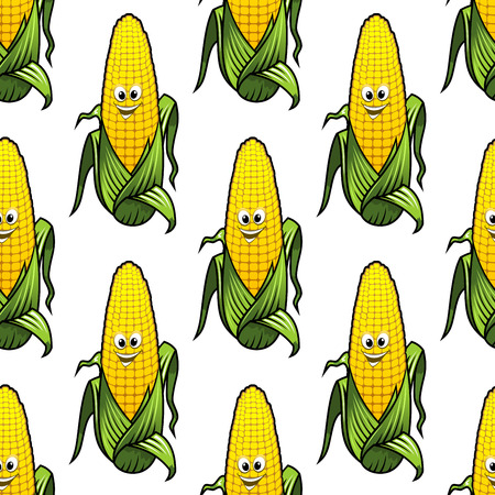 Seamless background pattern of colorful yellow cartoon corn on the cob with a happy smiling face in a repeat motif in square format, vector illustration isolated on whiteのイラスト素材