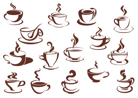 Doodle sketch set in brown and white of steaming hot beverages of coffee and tea in assorted cups