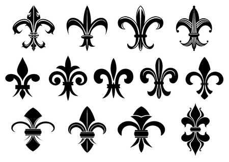 Black royal fleur de lis flowers set isolated on white background for heraldry or tattoo designのイラスト素材