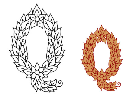 Uppercase letter Q in a foliate font with leaves and a flower for eco, bio or organic themed concepts in black and white and a brown variant, vector illustration isolated on whiteのイラスト素材