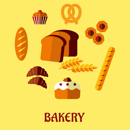Bakery flat icons set isolated on background for infographics, cafe, restaurant or pastry menu designのイラスト素材
