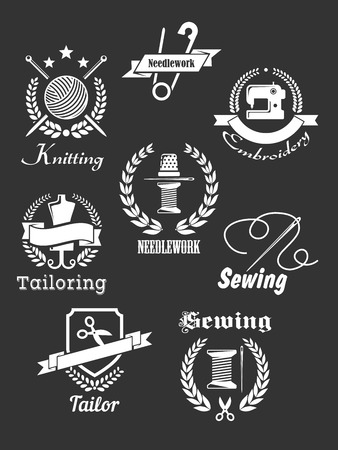 White handicraft icons, emblems, badges with symbols for tailoring, sewing, knitting, needlework and embroideryのイラスト素材