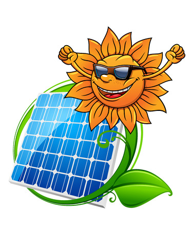Happy hip sun in sunglasses above a blue photovoltaic panel encircled by green leaves, vector illustrationのイラスト素材