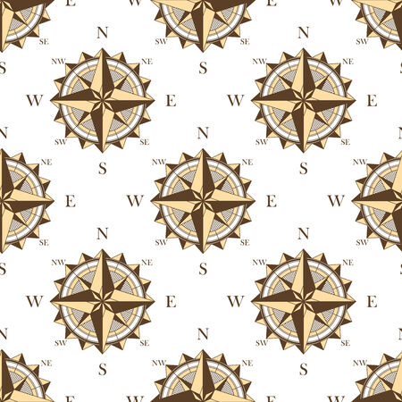 Vintage nautical compass seamless background pattern in brown and white for travel designのイラスト素材
