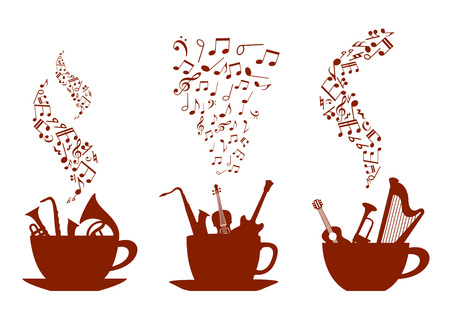 Musical cups of coffee with various instruments inside the cups and wafting steam composed of music notes, vector illustrationのイラスト素材
