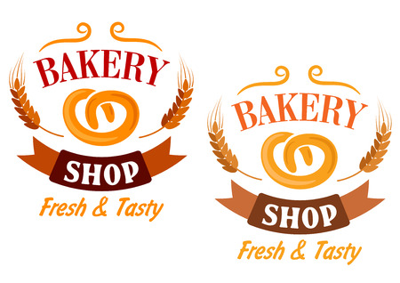 Bakery Shop vector sign showing a pretzel and ears of golden wheat with the text Bakery Shop, Fresh and Tasty, vector illustrationのイラスト素材