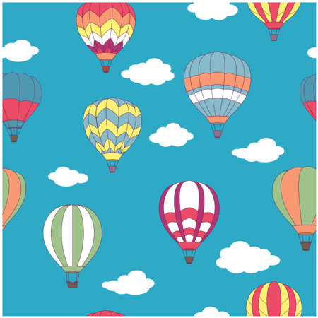 Colored hot air balloons seamless pattern on light blue sky background with white clouds for travel designのイラスト素材