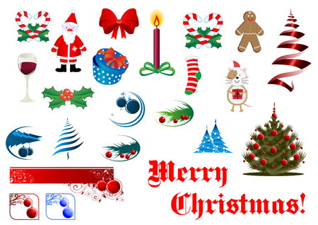 Christmas and New Year items set including snowflakes, pine tree, Santa, gifts, gingerbread, candle and other elementsのイラスト素材