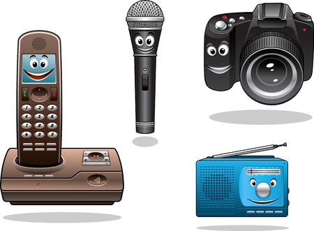 Gadgets and devices in cartoon style. Camera, radio, microphone and hand free phoneのイラスト素材
